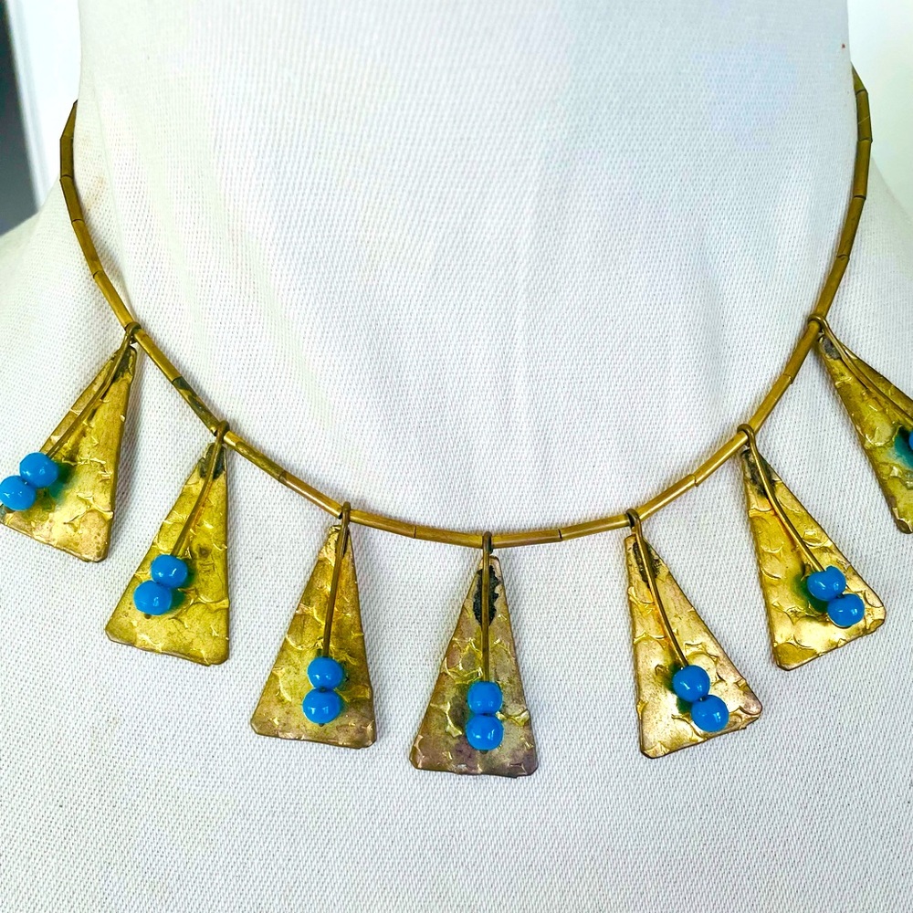 Greek Brass Dangle  Necklace with Blue Beads   Vintage 1960’s